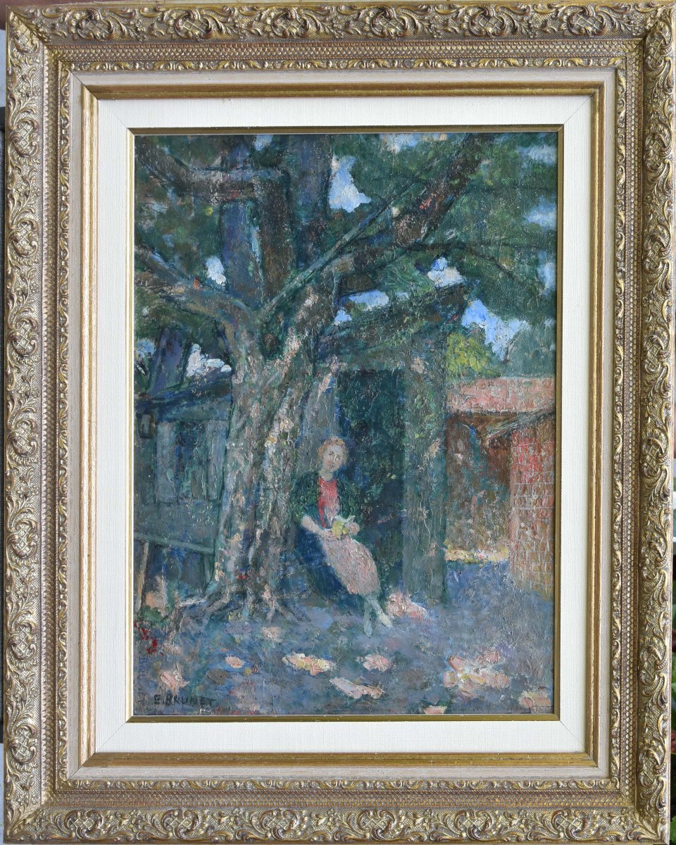 Emile Brunet  "woman Under A Tree" Oil On Cardboard  44x34